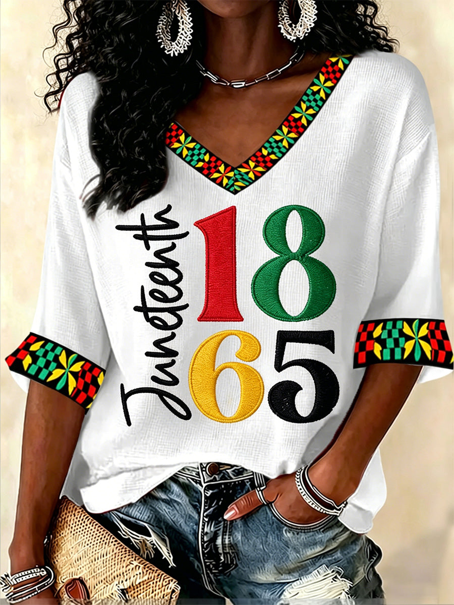 Women's Juneteenth Print Waffle V-Neck Top