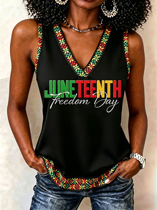 Women's Juneteenth Freedom Day Print Casual V-Neck Vest