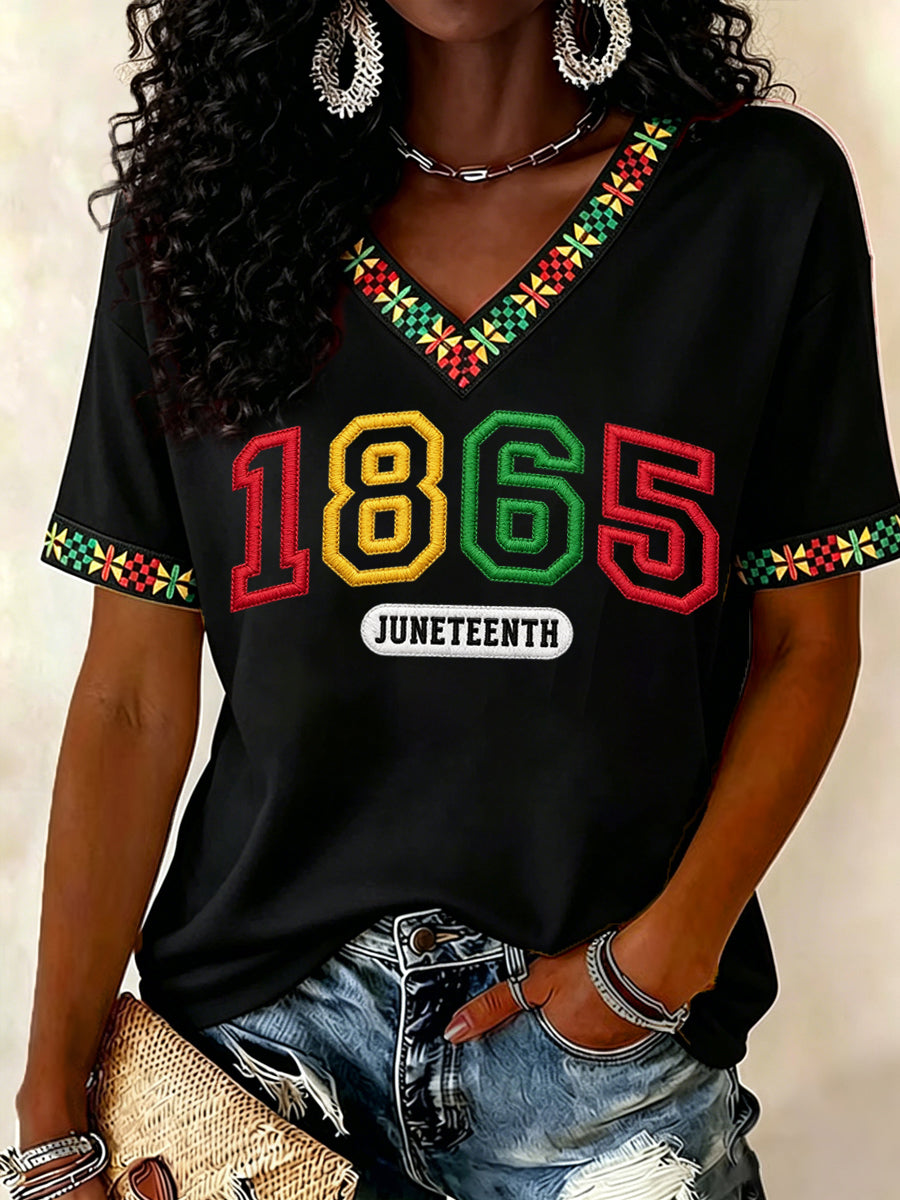Women's Juneteenth 1865 Print Casual V-Neck Tee