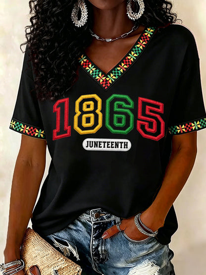 Women's Juneteenth 1865 Print Casual V-Neck Tee