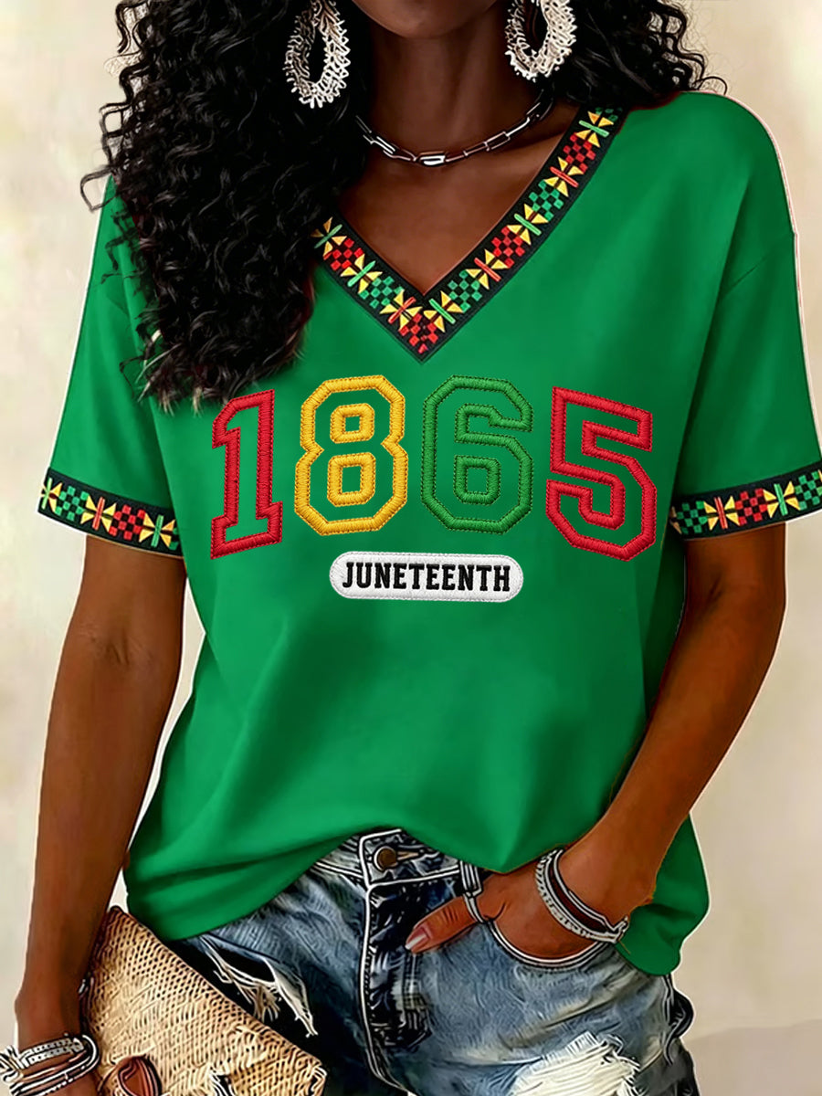 Women's Juneteenth 1865 Print Casual V-Neck Tee