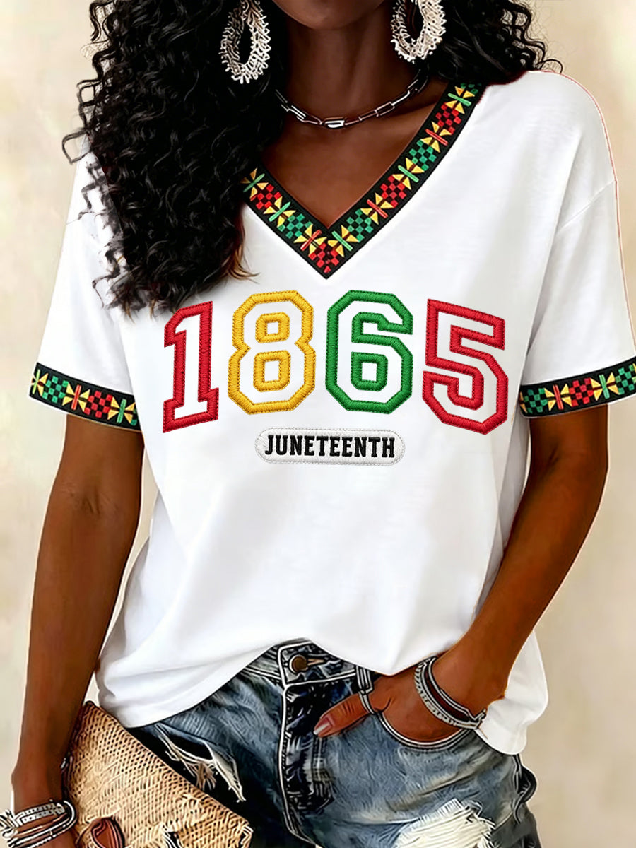 Women's Juneteenth 1865 Print Casual V-Neck Tee