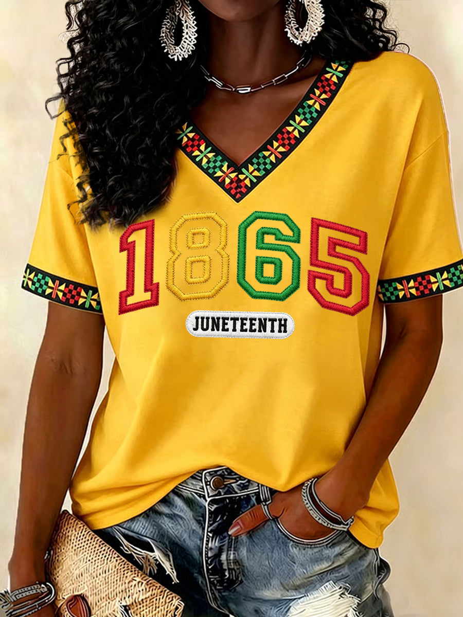 Women's Juneteenth 1865 Print Casual V-Neck Tee