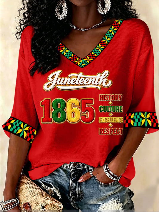 Women's Juneteenth Print Casual V-Neck Waffle Top