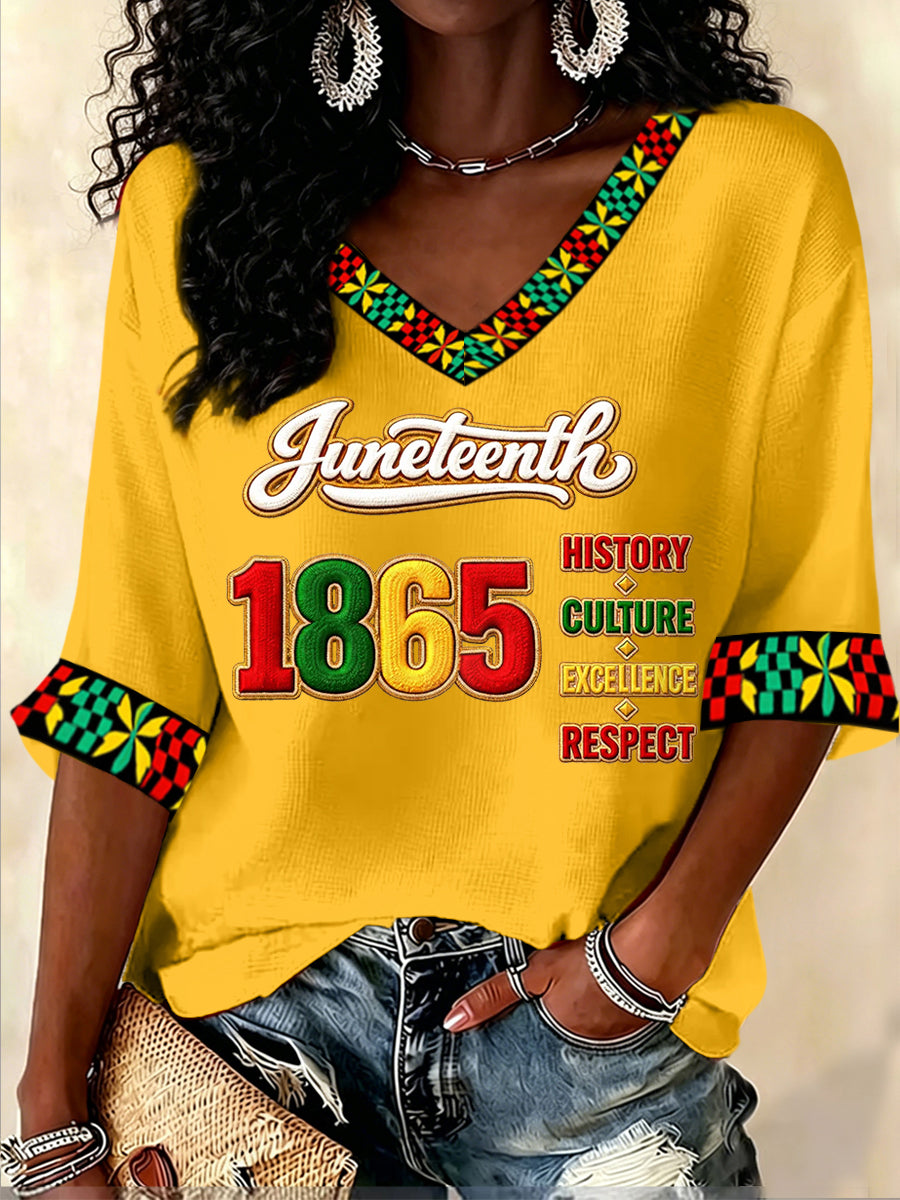 Women's Juneteenth Print Casual V-Neck Waffle Top