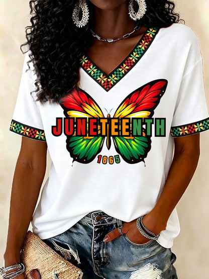 Women's Juneteenth Butterfly Print Casual V-Neck Tee