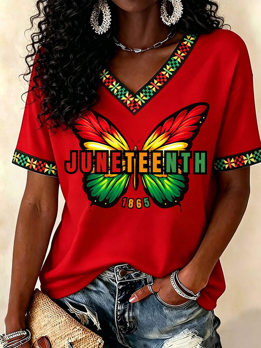 Women's Juneteenth Butterfly Print Casual V-Neck Tee