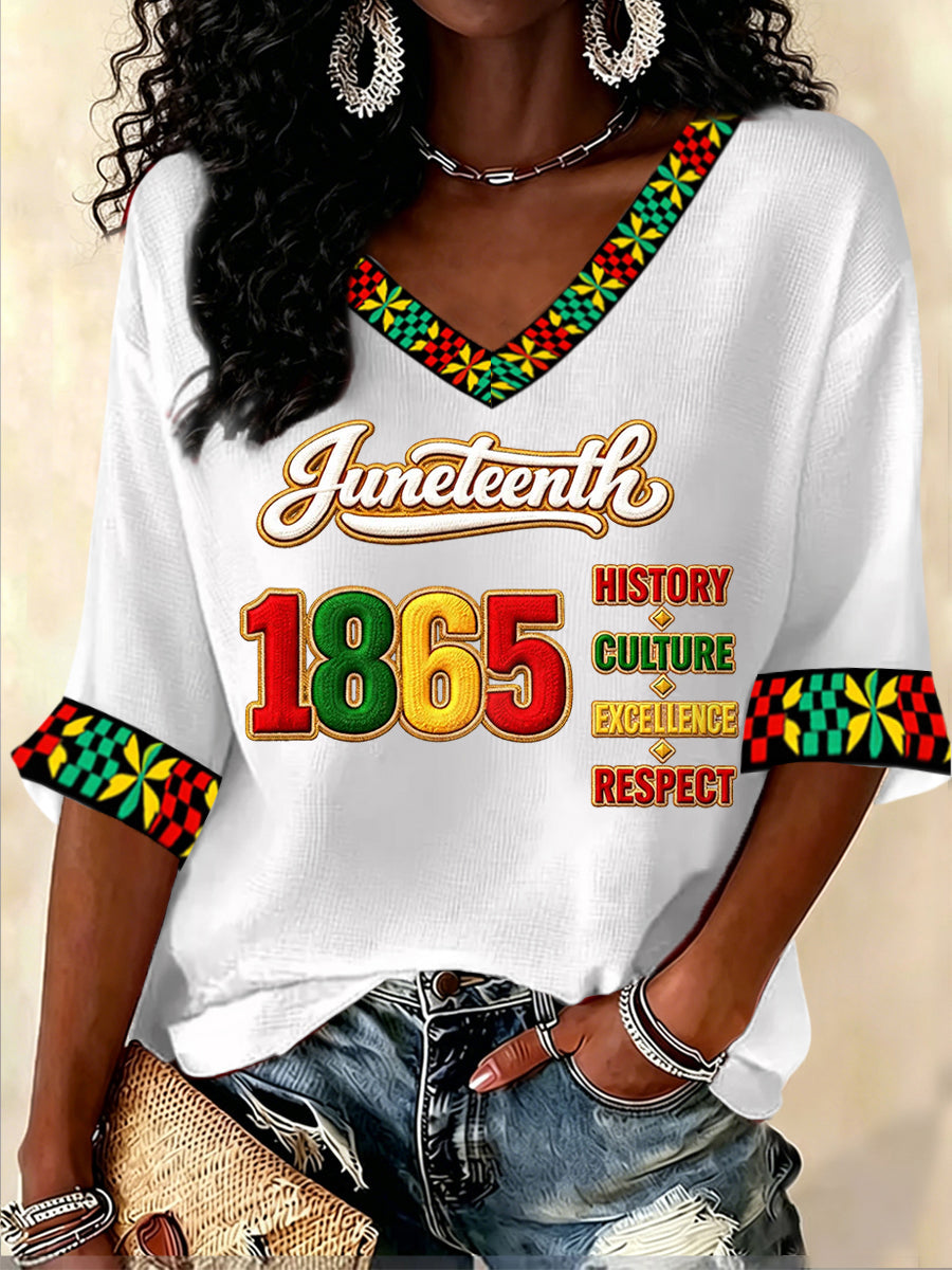 Women's Juneteenth Print Casual V-Neck Waffle Top