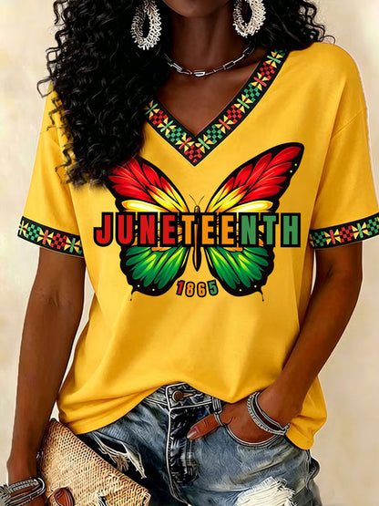Women's Juneteenth Butterfly Print Casual V-Neck Tee