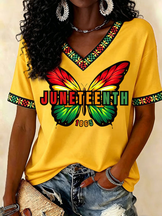 Women's Juneteenth Butterfly Print Casual V-Neck Tee