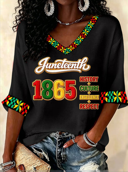 Women's Juneteenth Print Casual V-Neck Waffle Top
