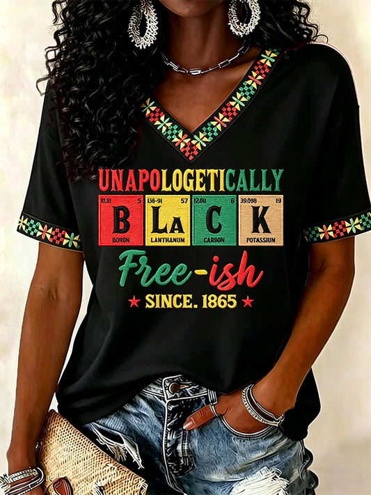 Women's Juneteenth Print Casual V-Neck Tee