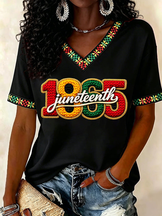 Women's Juneteenth Print Casual V-Neck Tee