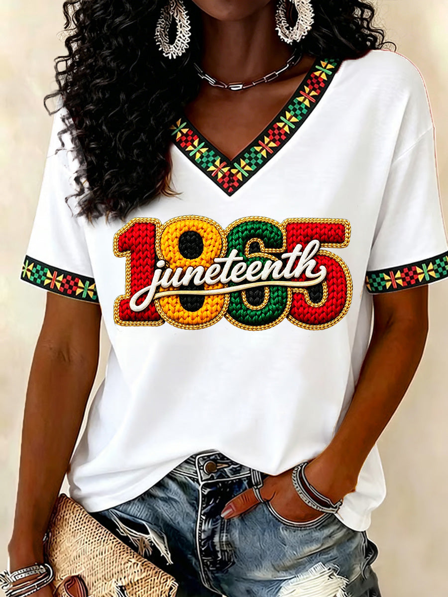 Women's Juneteenth Print Casual V-Neck Tee