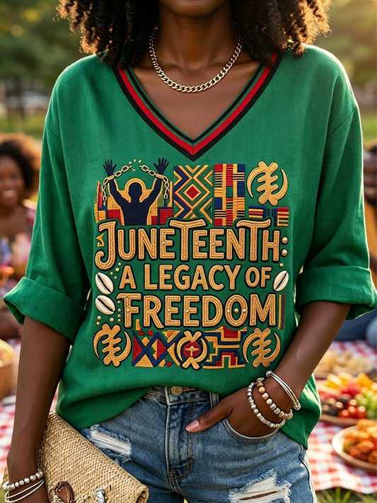 Women's Black Juneteenth Casual V-Neck T-Shirt
