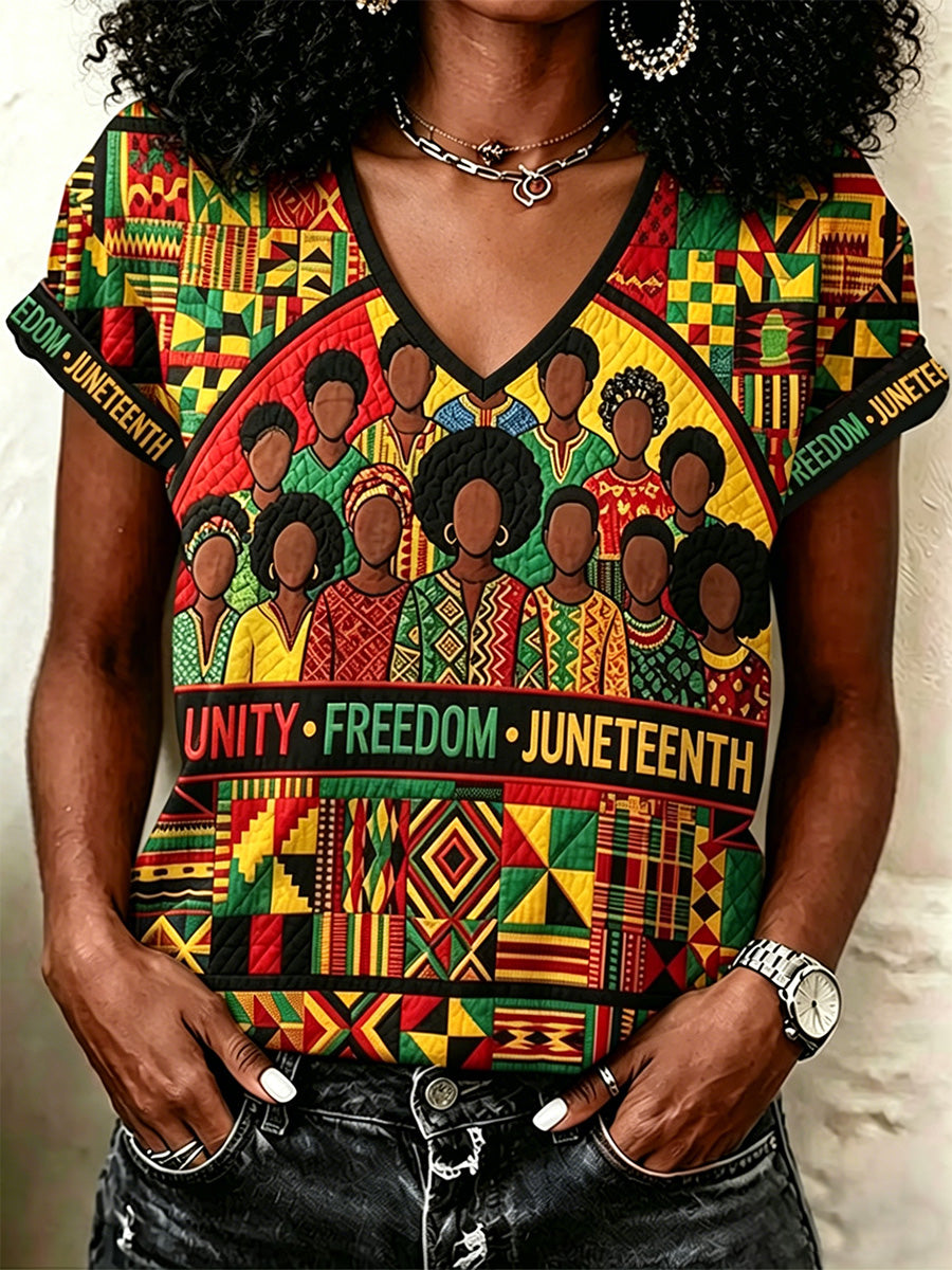 Women's Unity Freedom Juneteenth Print Casual V-Neck Tee