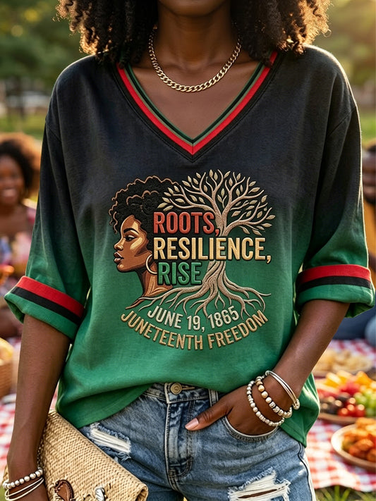 Women's Black Juneteenth Gradient Art Casual V-Neck T-Shirt