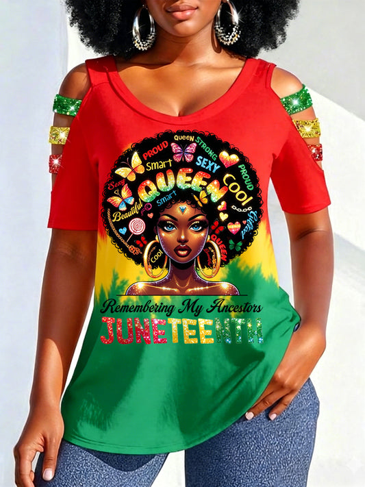 Women's Juneteenth 1865 Print Casual Hollow Sleeves Top