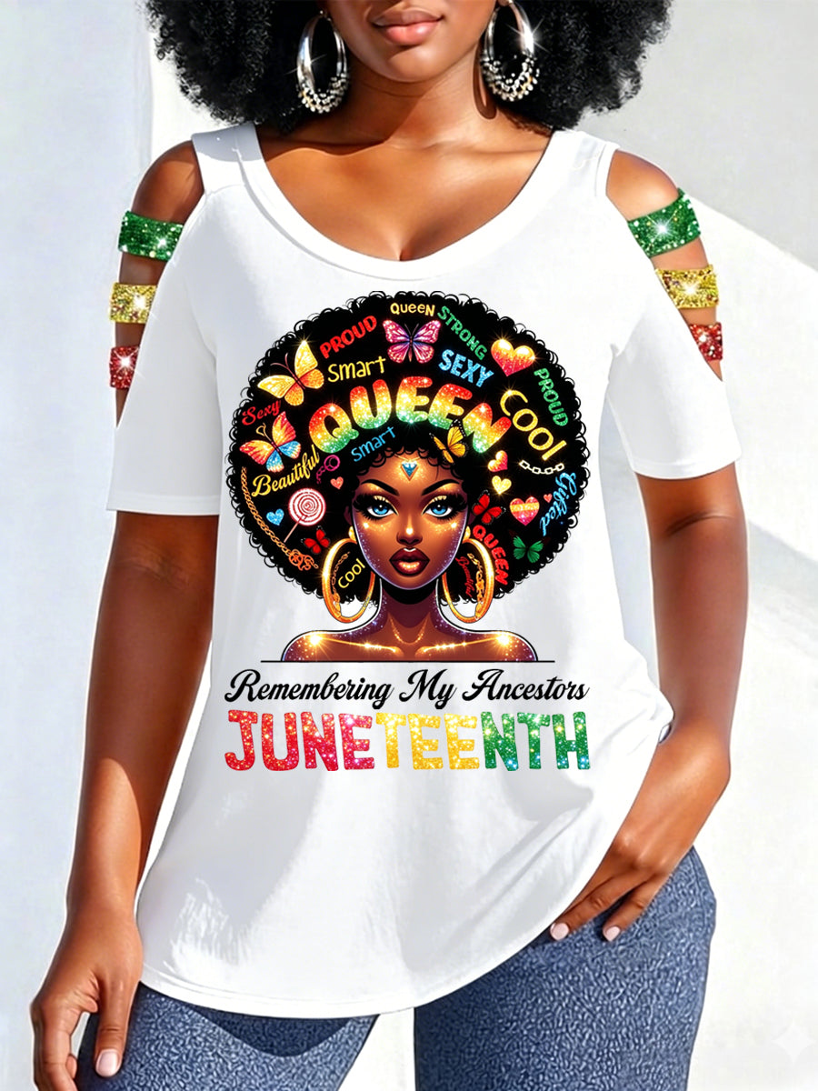 Women's Juneteenth 1865 Print Casual Hollow Sleeves Top
