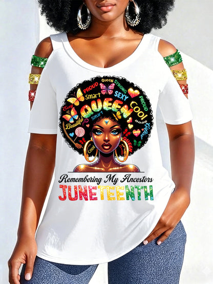 Women's Juneteenth 1865 Print Casual Hollow Sleeves Top