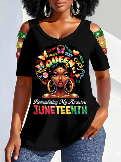 Women's Juneteenth 1865 Print Casual Hollow Sleeves Top