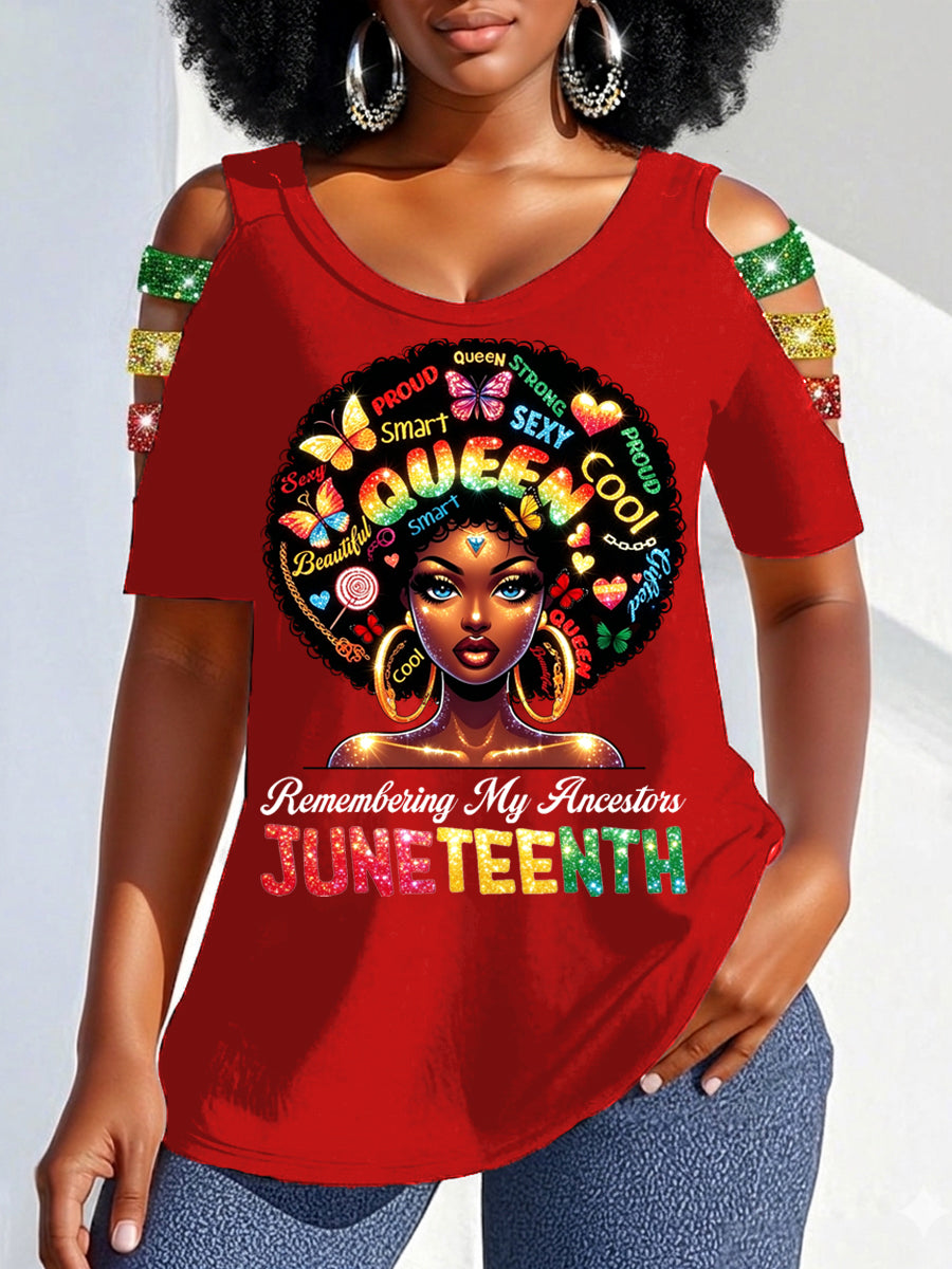 Women's Juneteenth 1865 Print Casual Hollow Sleeves Top