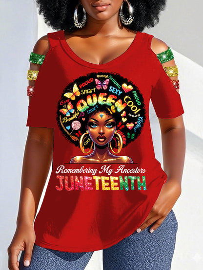 Women's Juneteenth 1865 Print Casual Hollow Sleeves Top