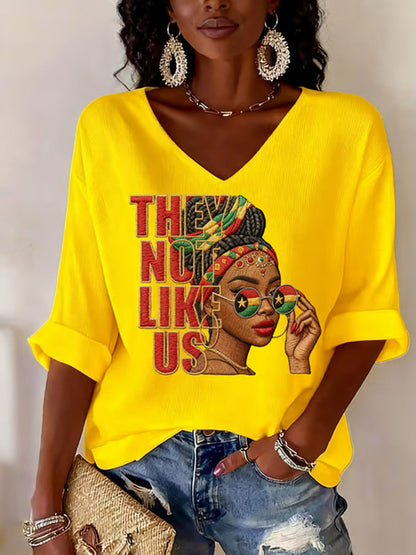 Women's They Not Like Us Print Casual Waffle V-Neck Top