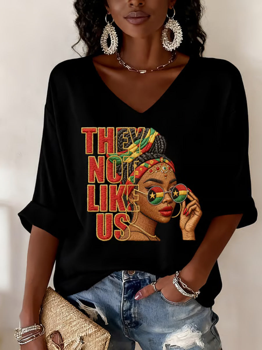 Women's They Not Like Us Print Casual Waffle V-Neck Top
