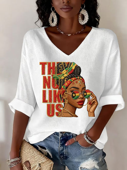 Women's They Not Like Us Print Casual Waffle V-Neck Top