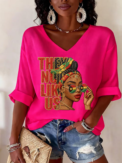 Women's They Not Like Us Print Casual Waffle V-Neck Top