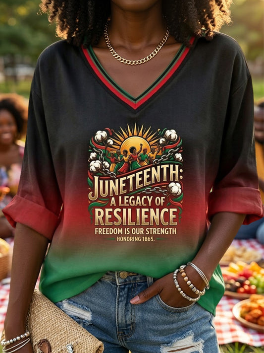 Women's Retro Black Juneteenth “Freedom” Casual V-Neck T-Shirt