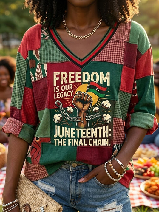 Women's Retro Juneteenth Patchwork Casual V-Neck T-Shirt