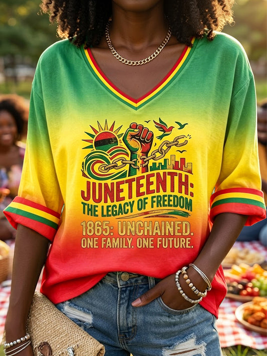 Women's Juneteenth Freedom Gradient Casual V-Neck T-Shirt