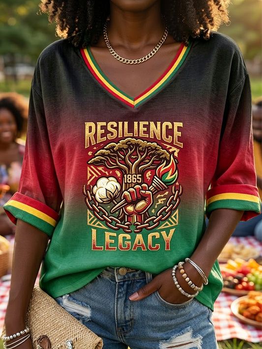 Women's Juneteenth Freedom Gradient V-Neck Art Casual T-Shirt