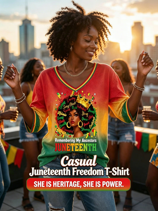 Women's Juneteenth Freedom Gradient V-Neck Casual T-Shirt
