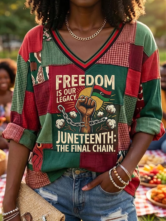 Women's Retro Black Juneteenth Geometric Patchwork Casual V-Neck Top