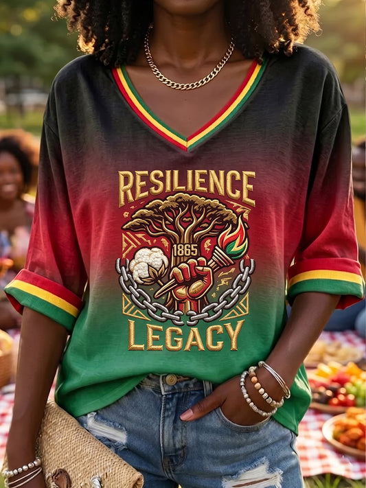 Women's Juneteenth Freedom Gradient V-Neck Casual Long Sleeve T-Shirt