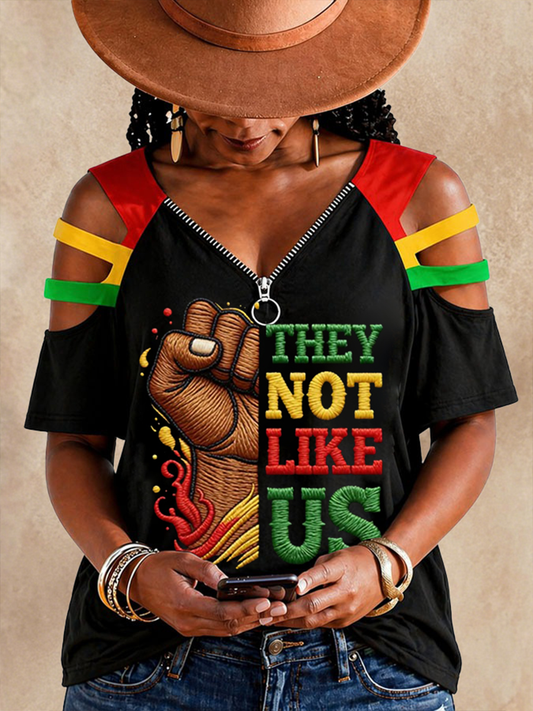 Women's They Not Like Us V-neck Zipper T-shirt