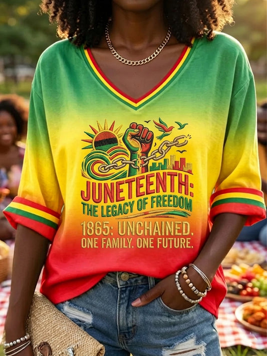 Women's Juneteenth Freedom Gradient V-Neck Casual Long Sleeve T-Shirt