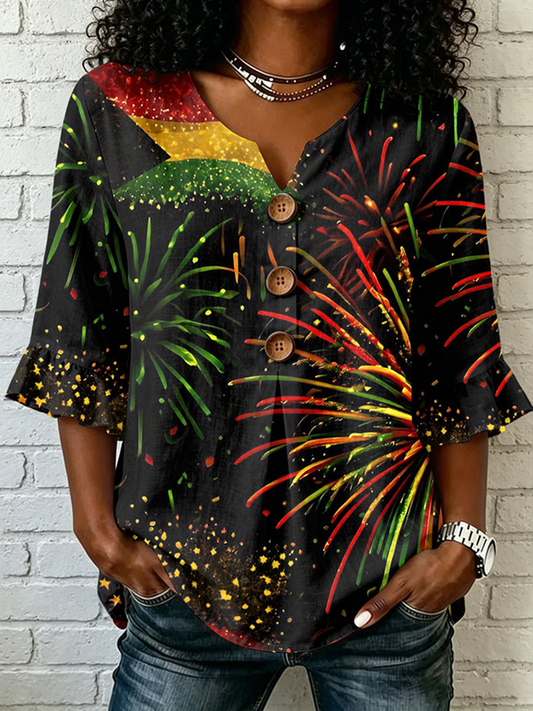 Women's Juneteenth Print Cotton-Linen Shirt