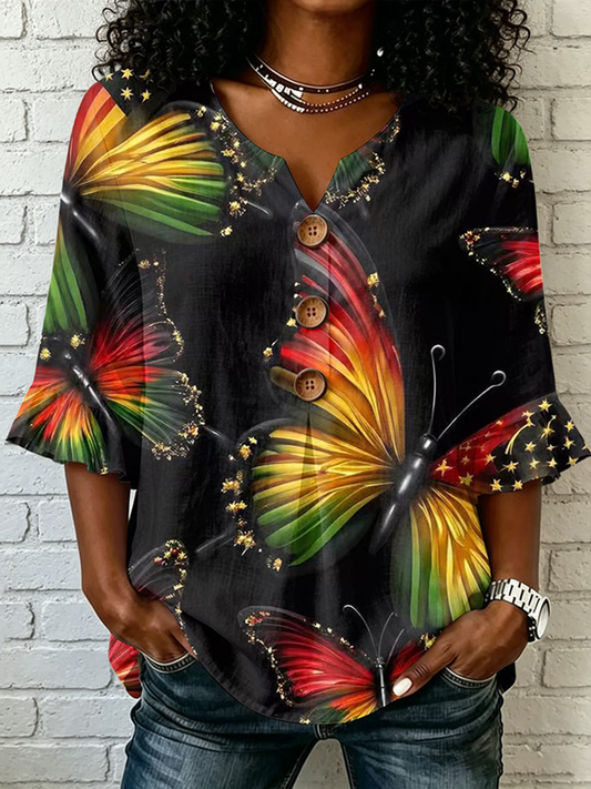 Women's Juneteenth Butterfly Cotton-Linen Shirt
