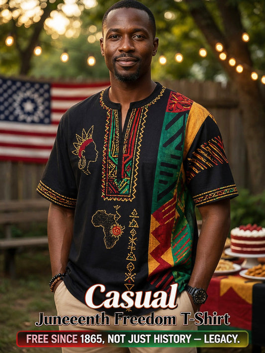 Men's Retro Juneteenth Geometric Patchwork Casual V-Neck T-Shirt