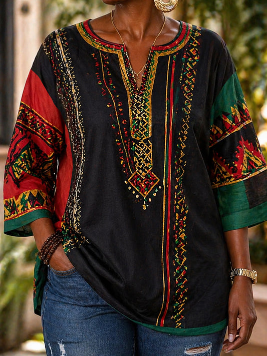 Women's Retro Juneteenth Geometric Stripe Casual V-Neck Top