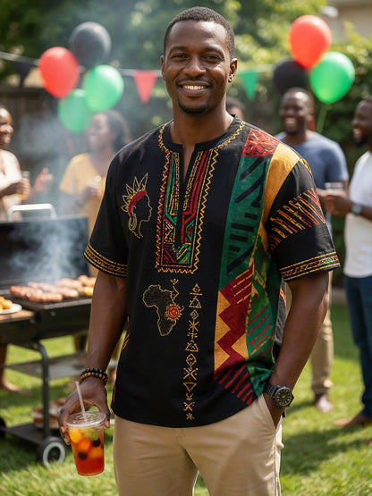 Men's Retro Juneteenth Geometric Patchwork Casual V-Neck T-Shirt