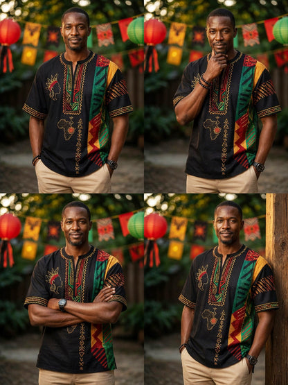 Men's Retro Juneteenth Geometric Patchwork Casual V-Neck T-Shirt