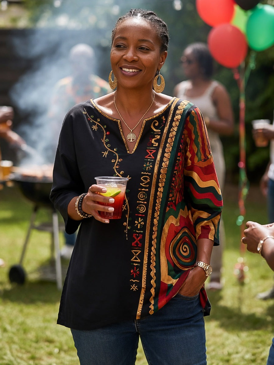 Women's Retro Juneteenth Geometric Print Casual V-Neck Top