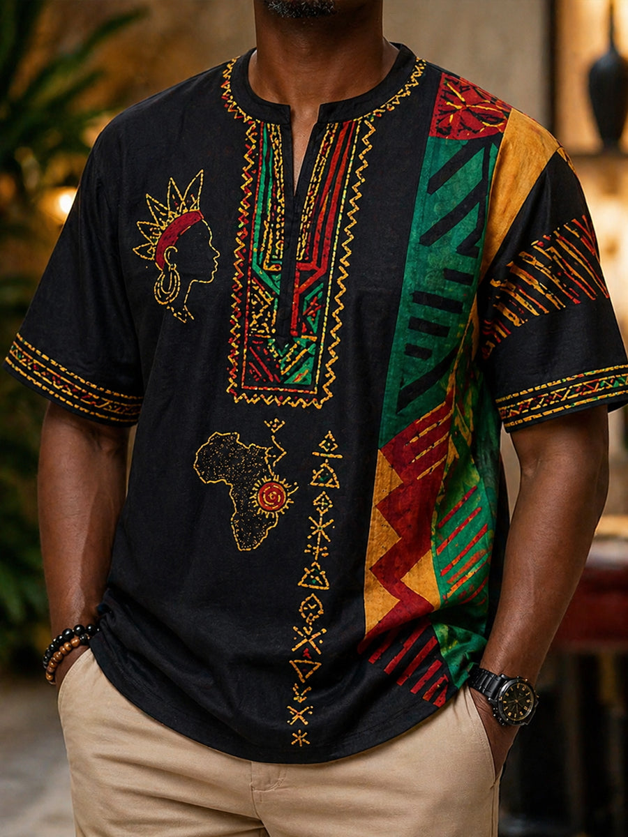 Men's Retro Juneteenth Geometric Patchwork Casual V-Neck T-Shirt