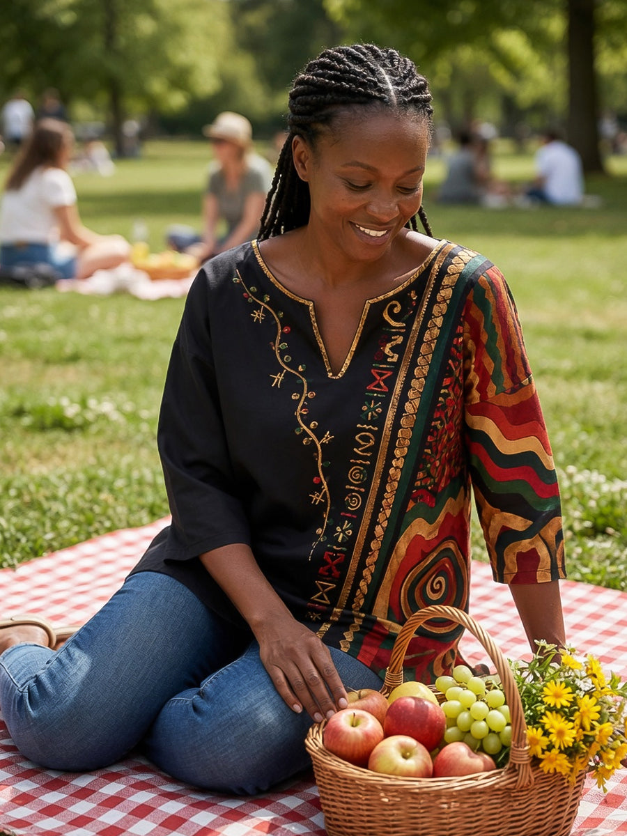 Women's Retro Juneteenth Geometric Print Casual V-Neck Top