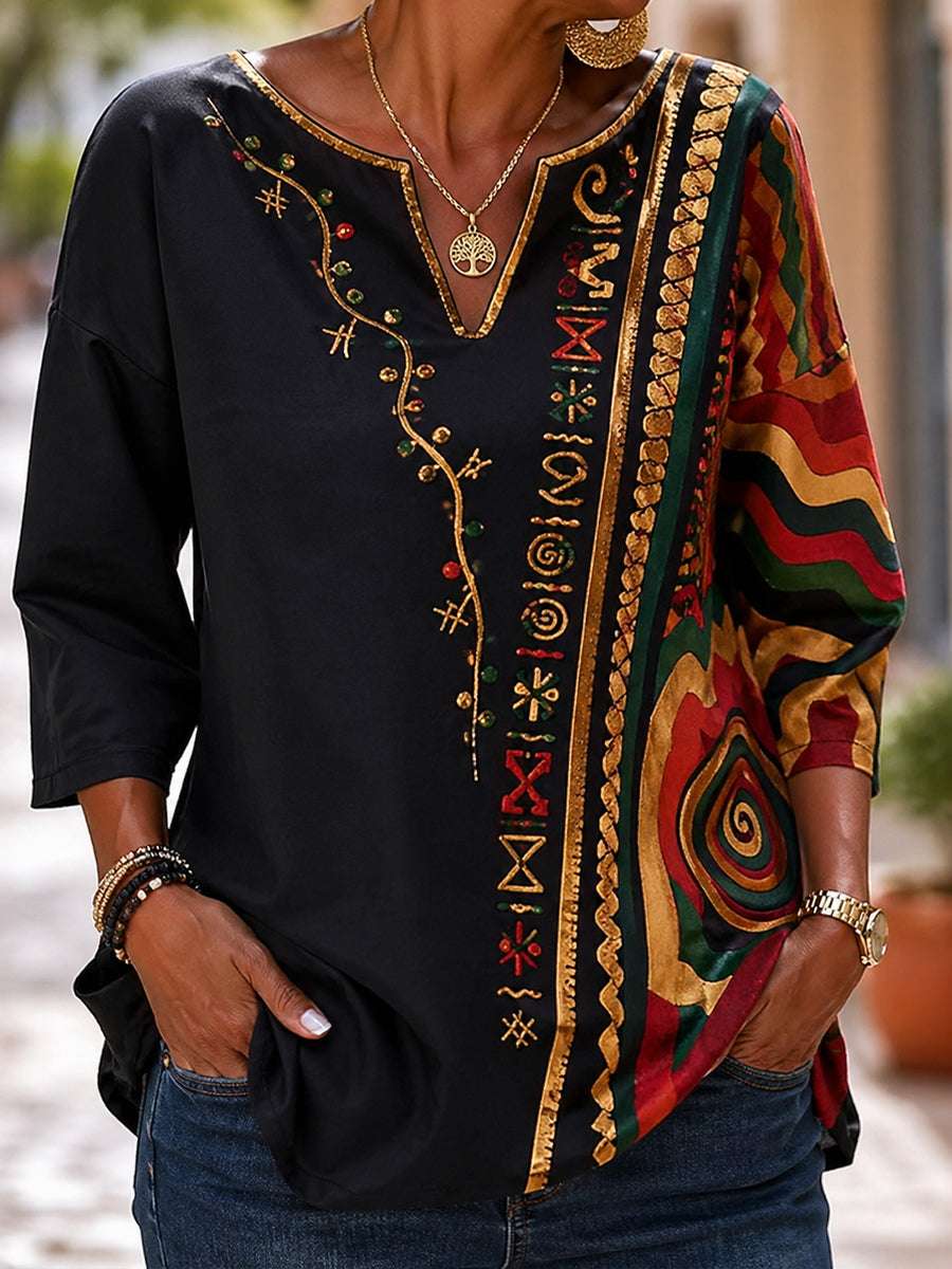 Women's Retro Juneteenth Geometric Print Casual V-Neck Top